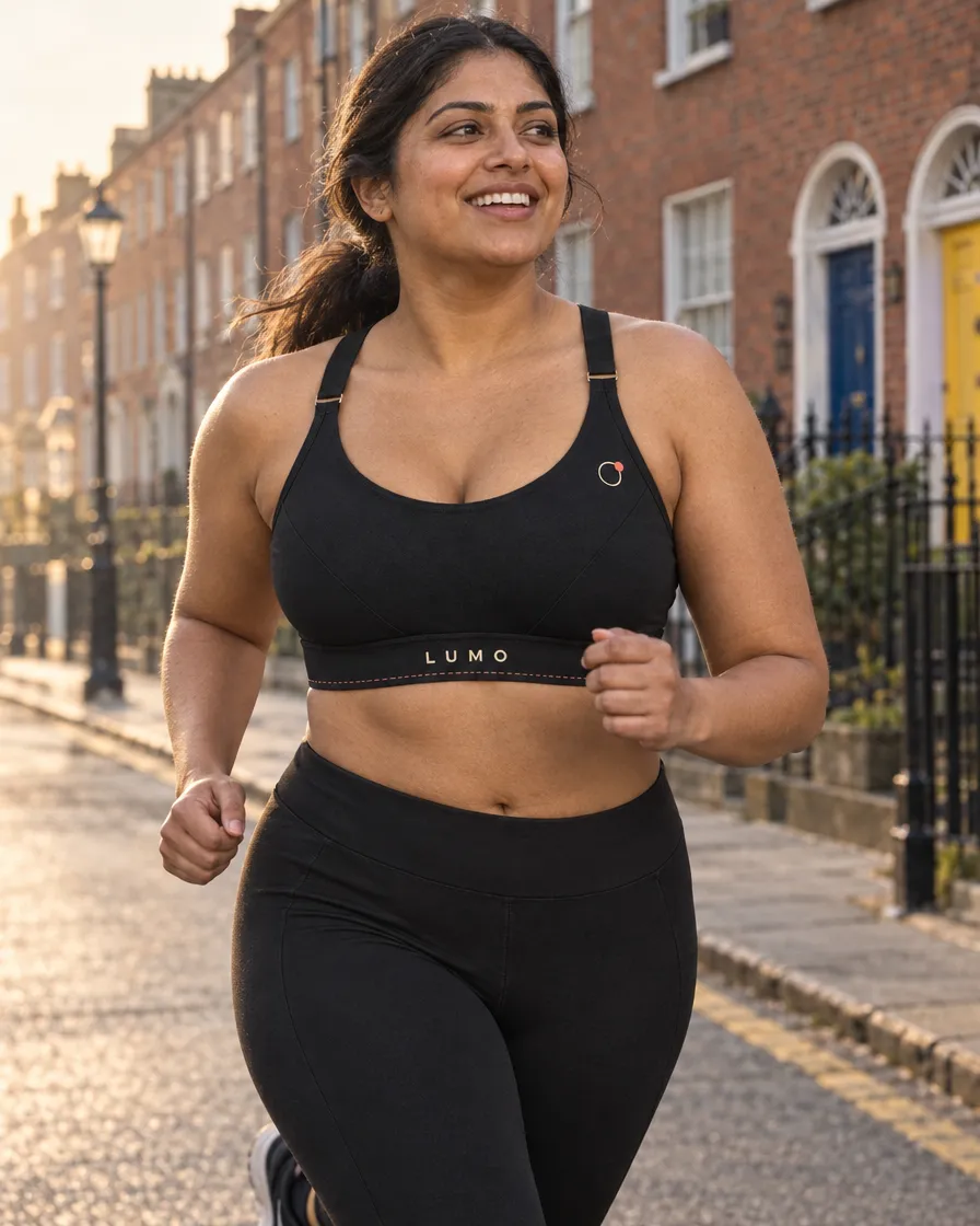 A woman with a fuller figure jogging at dawn on a Georgian street in The Lift in Ink.